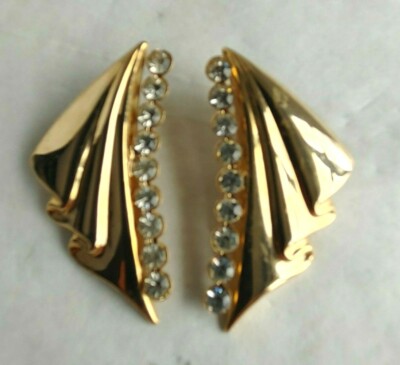 Vintage Comma Drop Post Earrings Goldtone and Rhinestones  1 7/8''  #16542