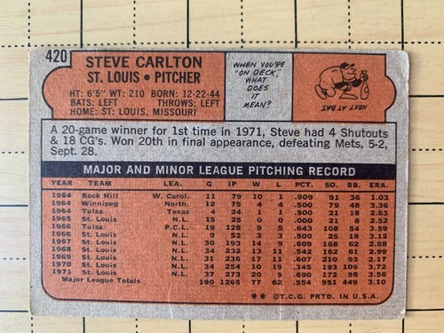 Steve Carlton #420 1972 Topps béisbol - Imagen 2 de 2