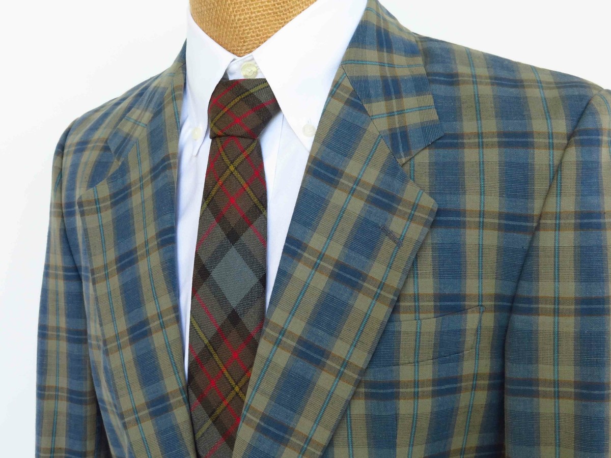 Unbranded Bespoke German Wool/Linen Blue and Light Green Plaid Sport Coat,  38R