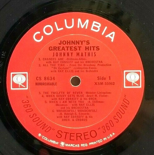 Johnny Mathis JOHNNY’s GREATEST HITS 1958 LP Vinyl Record Album (P2) - Picture 4 of 5