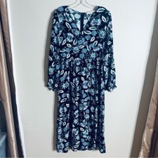 LOFT Size 4 Floral V-Neck Midi Dress Black Blue Long Sleeve V-Waist Boho Y16