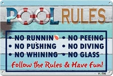 Funny Tin Metal Sign Pool Rules Pool Deck Accessorie Vintage 8x12