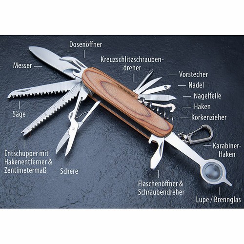 PEARL 2er-Set 16in1-Multifunktions-Taschenmesser, Edelstahl, Echtholz-Griff - Bild 7 von 8