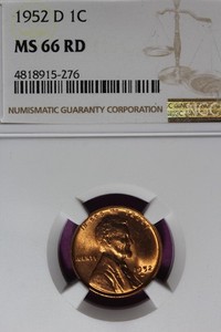1952 D NGC 1C MS66RD LINCOLN WHEAT CENT #B52479