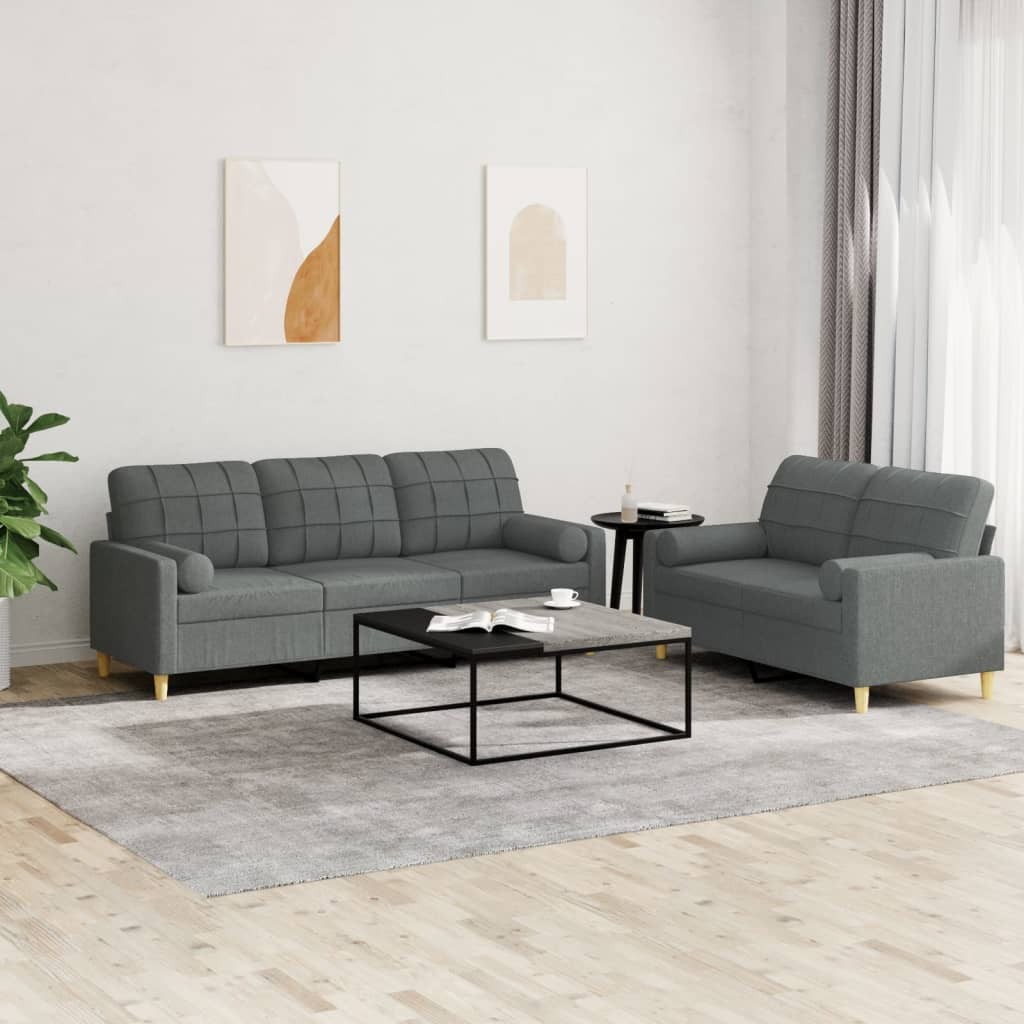 Vidaxl Grigio/Scuro Set Di Divani 2 Pz Con Cuscini In Tessuto - Immagine 2