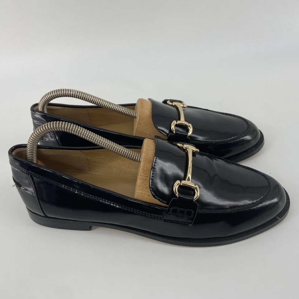J Crew Shoes Women 9.5 Black Patent Gold Horse Bit Loafer Preppy Classic Slip On - Image 2 of 4