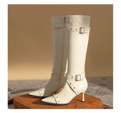 Women's Zip Rivets Pointed Toe Knee High Boots Punk Casual Faux Leather Shoes SZ