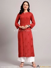 Coral Viscose Chikankari Straight Kurta, Lucknowi Chikan Hand-Embroidered Top