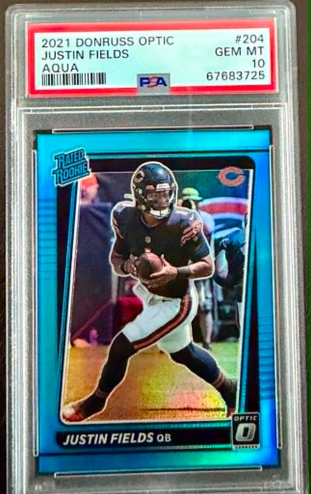 2021 DONRUSS OPTIC AQUA PRIZM #204 JUSTIN FIELDS RC RATED ROOKIE #/299 PSA 10