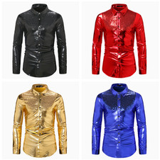 New Men's Long Sleeve Tops Disco Party Clubwear Shiny Sequins Button Down Shirts