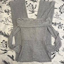 Gray Solid Ribbed Knit Hooded Pullover Sweater w/ Pockets Long Sleeve M