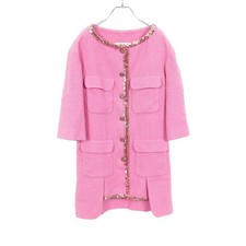 【Dresses】CHANEL Coco Mark Button Tweed Dress Cotton Pink From Japan USED Good