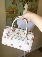 Coach White Pink Floral Pebbled Satchel Top Handle Zip Gold Hardware Charm