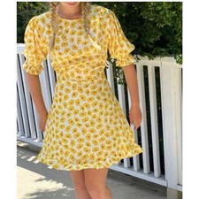 Faithfull the Brand Mini Dress Mini Ruffle Yellow Marigold Floral NWT size Small