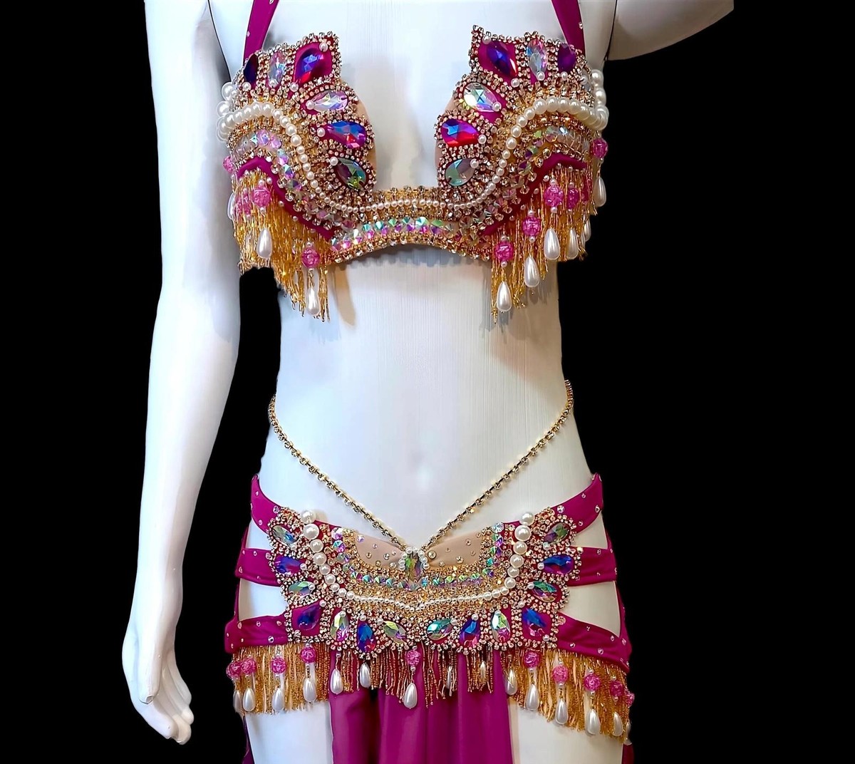 Made to Order Luxury Belly Dance Costume: Pink Crystals, Showgirl