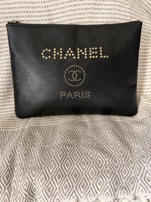 Authentic CHANEL Black Caviar Leather Studded Deauville O-Case Clutch 2018