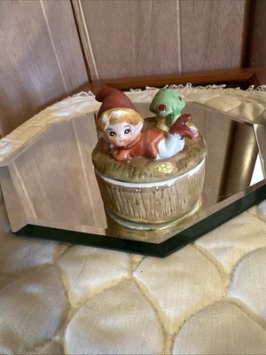 Vintage Homco Pixie Elf Trinket Box with lid mushroom ceramic #5404