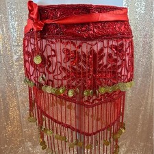 Red Sequin Belly Dance Skirt Gold Coin Fringe Festival Hip Scarf One Size