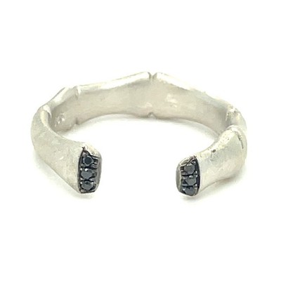 Sterling Sil. 18k White Vermeil Open Bamboo Ring 5mm w/ Black Diamond Sz 5.75