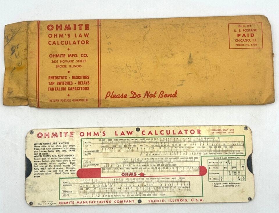 A 1949 Ohmite branded Ohm's Law slide rule calculator — a promotional engineering tool from a real electronics company that doubles as a gorgeous piece of electrical history.