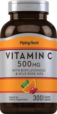 Vitamin C 500 mg with Bioflavonoids & Rose Hips | 300 Caplets | by Piping Rock