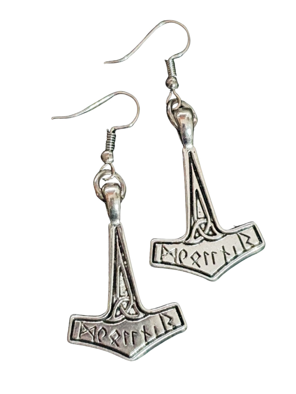 Thors Hammer Earrings Silver Tone Mjolnir Viking Norse Pagan Hook Drop Dangle