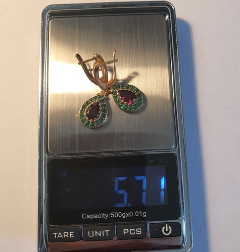 14K Yellow Gold Natural Diamond, Rhodolite Garnet and Emerald Earrings - Picture 13 of 14