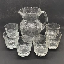 Morgantown Crinkle Clear Pitcher and 6 Glasses Ockner Art Glass 1950's MCM