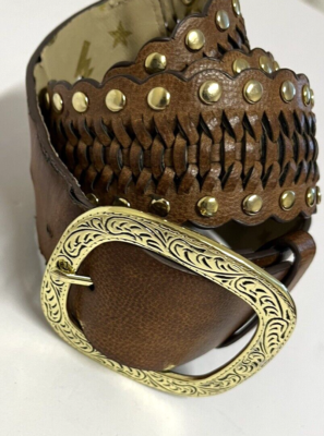 Betsey Johnson Belt Studded Size L Brass Buckle Brown 