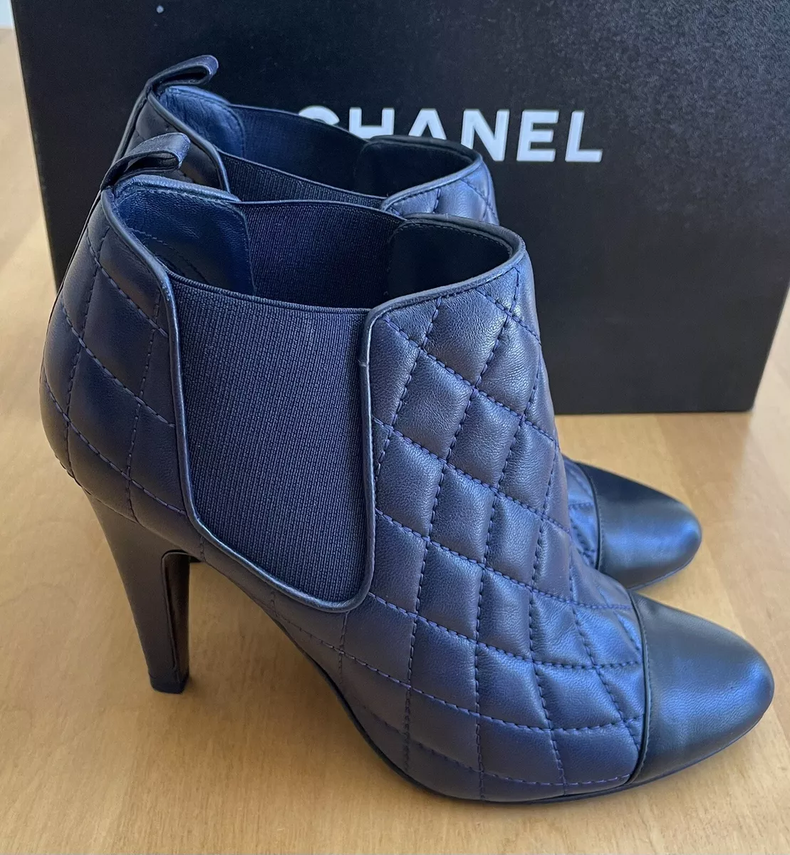 CHANEL LAMBSKIN QUILTED LEATHER SHORT BOOTS BOOTIE BLUE BLACK SIZE 37