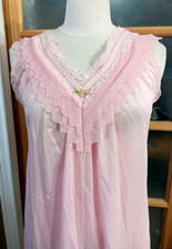 VTG Nightgown Jill Andrea Pink Ruffled Lace V-Neck Sleeveless Sz M/L Romantic
