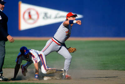 Tom Herr St. Louis Cardinals gets his throw off to first base Baseball '88 Photo