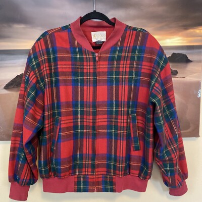 Vintage Unisex Adolfo Wool Jacket Bomber Tartan Plaid Multicolor Zip L