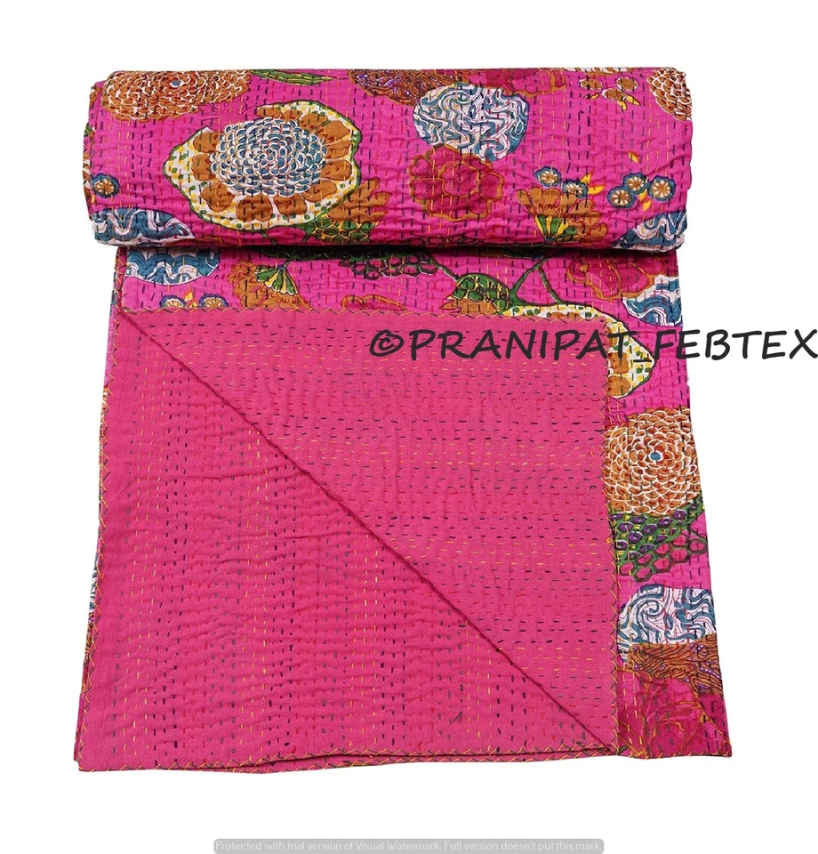 Colcha Indian Kantha Estampado Tropical Rosa Queen Algodón Colcha Foto 3 de 4