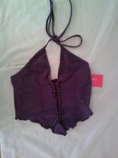Shein Icon Juniors Sz S Solid Purple Lace-Up Halter Top Cotton Blend NWT