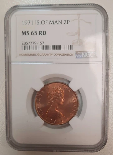 1971 ISLE OF MAN, 2 NEW PENCE. UNC NGC MS 65, RD. TOP POP