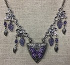 Purple Butterfly Necklace-glass Leaf Beads, Filigree, Silver Tone, 20” Chain