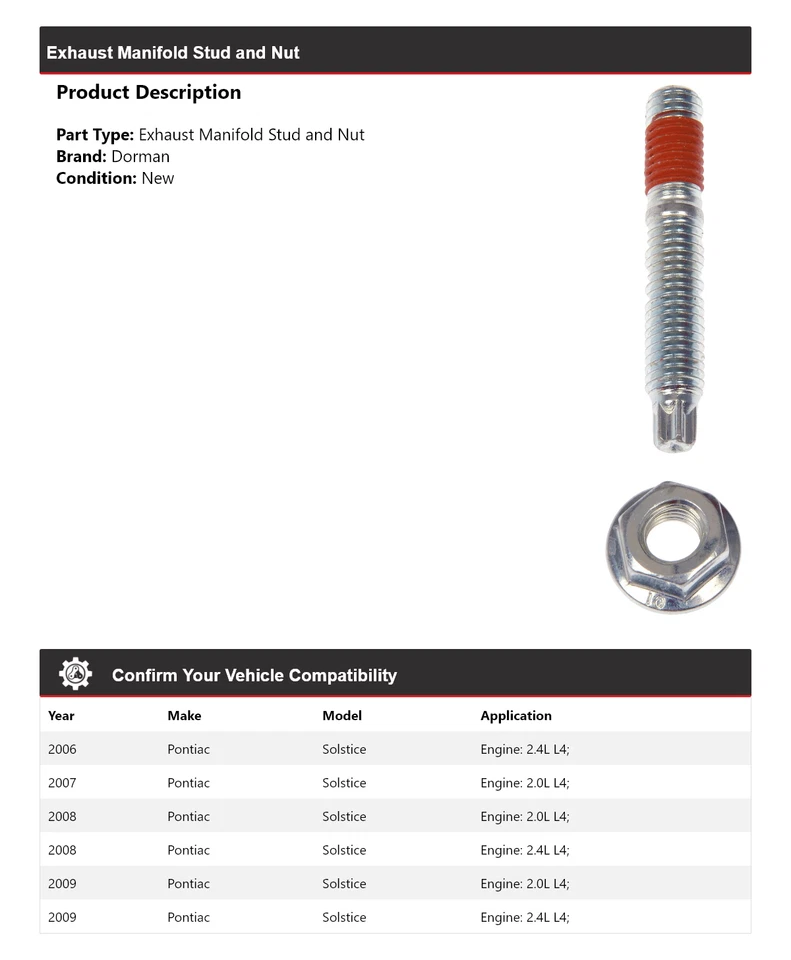 Para Pontiac Solstice Dorman 2006-2009 colector de escape perno y tuerca 2007 2008 Foto 2 de 4
