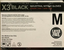 X3 Powder Free Black Nitrile INDUSTRIAL Gloves, M, 100/Box