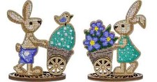 Set of DIY Bead Embroidery Kit on Wood Easter Bunnies Beadwork Beaded Craft Set