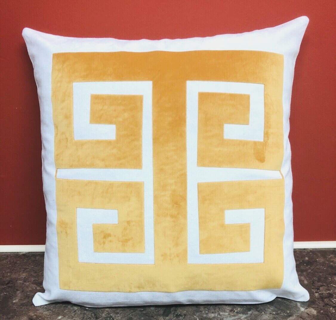 BIG Greek Key Border White And Gold Velvet 18x18”decorative