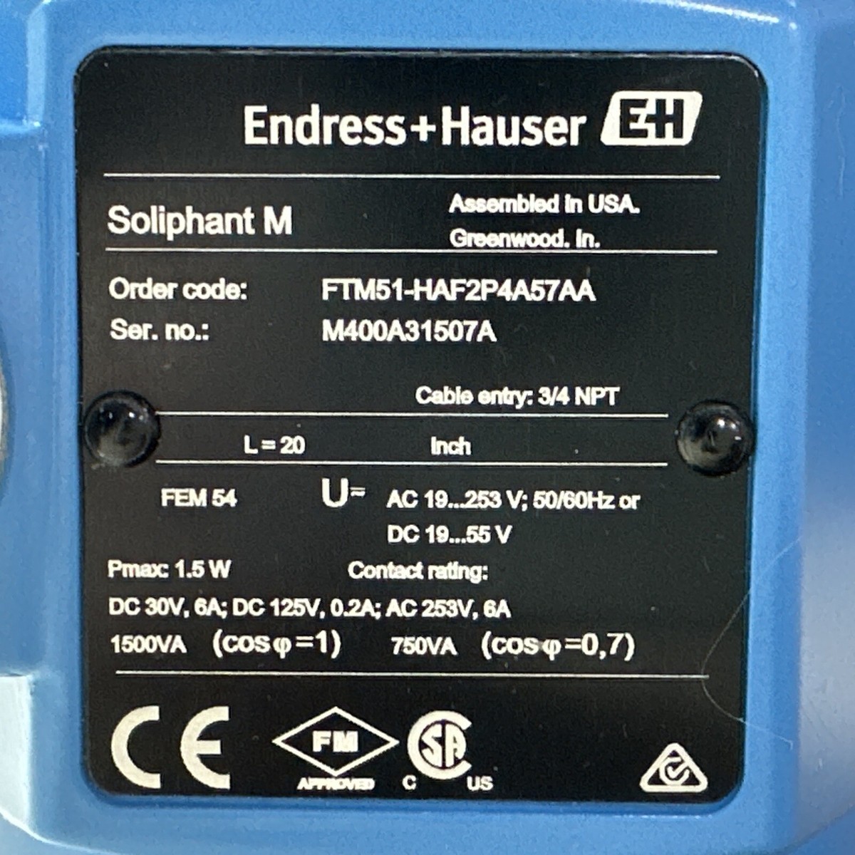 NEW- Endress Hauser Soliphant M FTM51-HAF2P4A57AA L=20” FEM54 AC