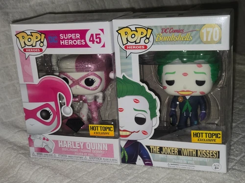 Funko Pop DC Comics Bombshells JOKER Kisses & HARLEY QUINN Pink Valentines 2 Lot