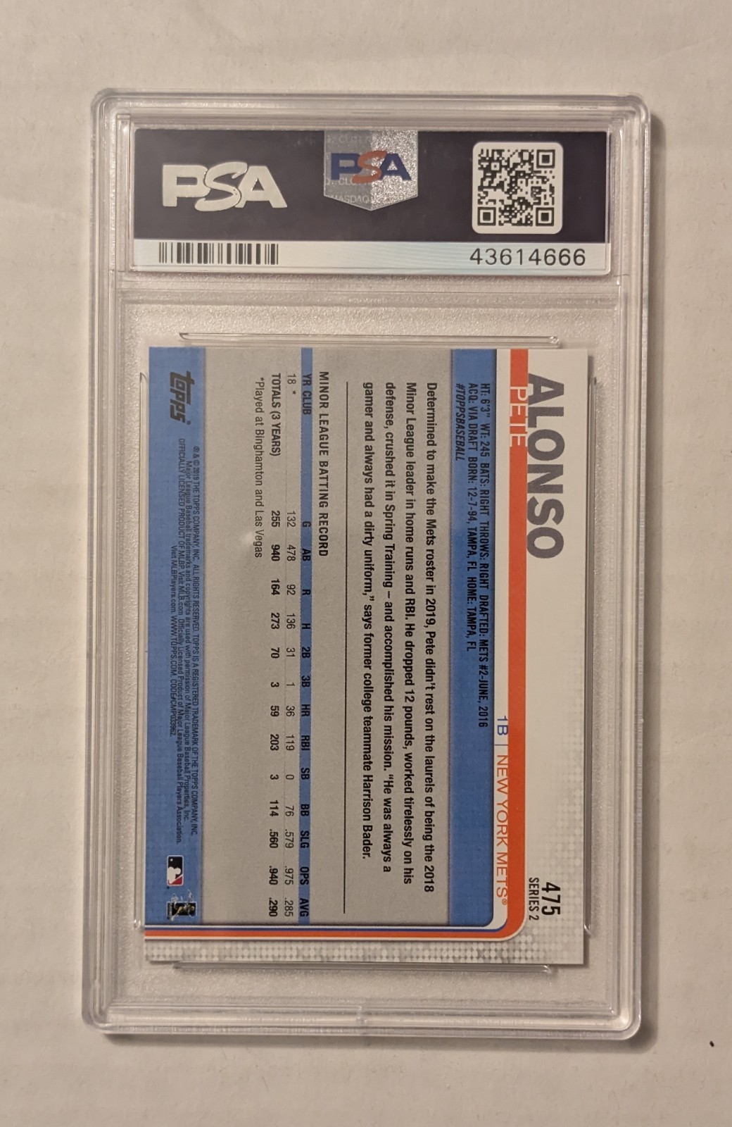 2019 Topps Pete Alonso #475 Series 2 Batting RC PSA 10 view 2