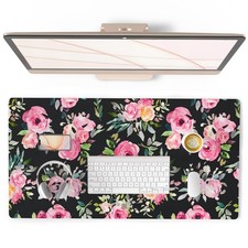 Large Mouse Pad Floral Desk Mat Watercolor Pink Flowers PU Leather Waterproof