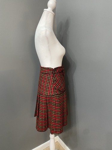 VTG Vivienne Tam Houndstooth Skirt Red Black Leather Trim Pockets Thick Tweed XL - Picture 4 of 15