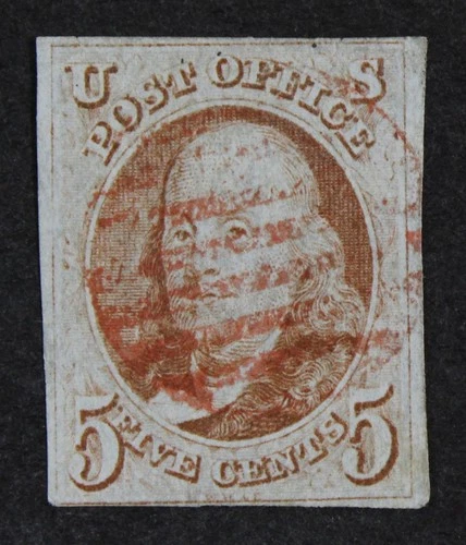CKStamps: US Stamps Collection Scott#1 5c Franklin Used CV$375