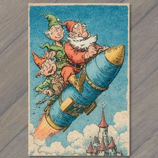 Art Print Santa Elves Flying Blue Rocket Over Castle Whimsical Retro Christmas