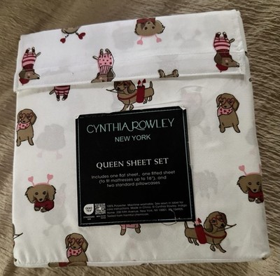 CYNTHIA ROWLEY Queen Sheet Set Weenie Dogs Valentines Hearts DACHSHUND $48