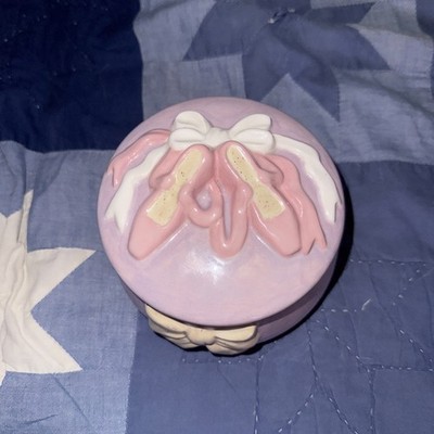 Cosmos Gifts round trinket fine pink porcelain and W/sculpted ballet slippers.